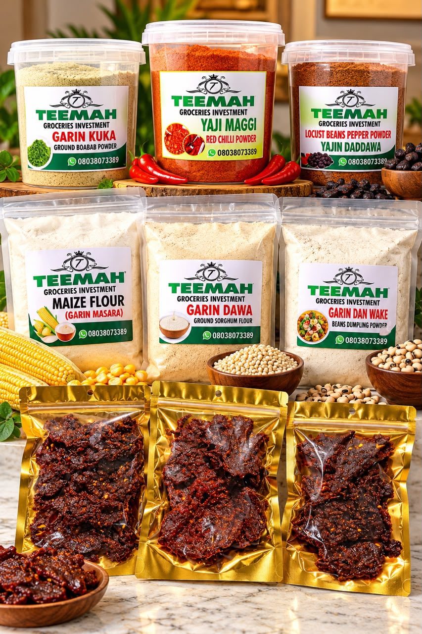The full Teemah range: baobab powder, yaji red chilli powder, locust beans pepper powder, maize flour, sorghum flour, beans dumpling powder and kilishi