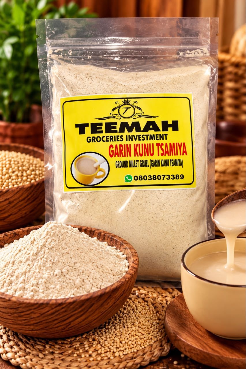 Teemah Garin Kunu Tsamiya ground millet gruel, with a bowl of prepared kunu